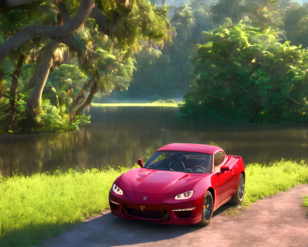 Red Sports Car Parked on Tranquil Riverside Road Amid Lush Green Tropical Forest