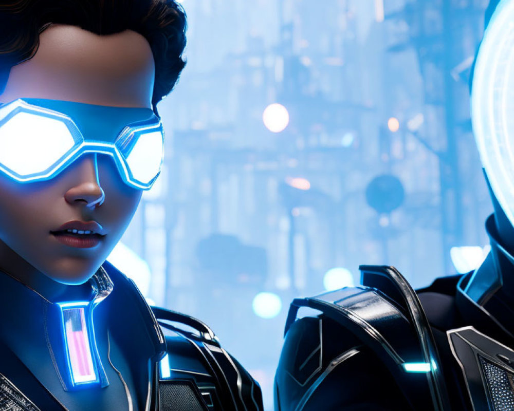 Futuristic individuals in illuminated glasses and high-tech suits in neon-lit city.