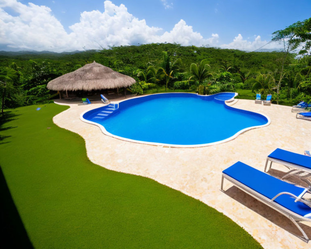 Kidney-Shaped Swimming Pool Surrounded by Greenery and Sun Loungers