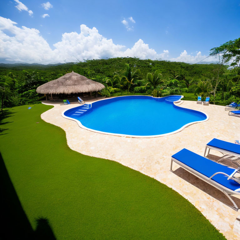 Kidney-Shaped Swimming Pool Surrounded by Greenery and Sun Loungers