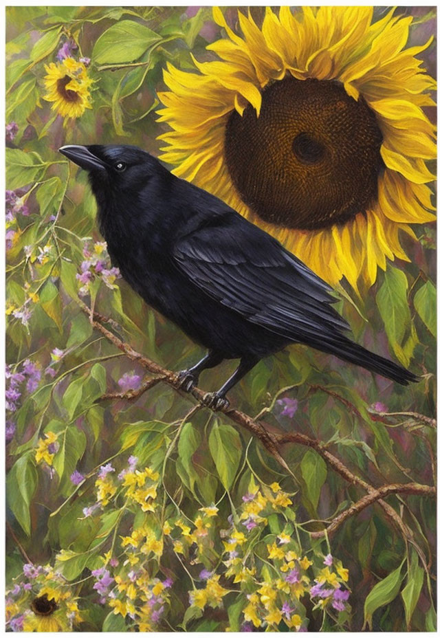 Black raven on branch with yellow sunflowers and purple flowers.