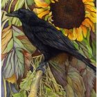 Black crow on green stem among sunflowers and red flowers with soft-focus background