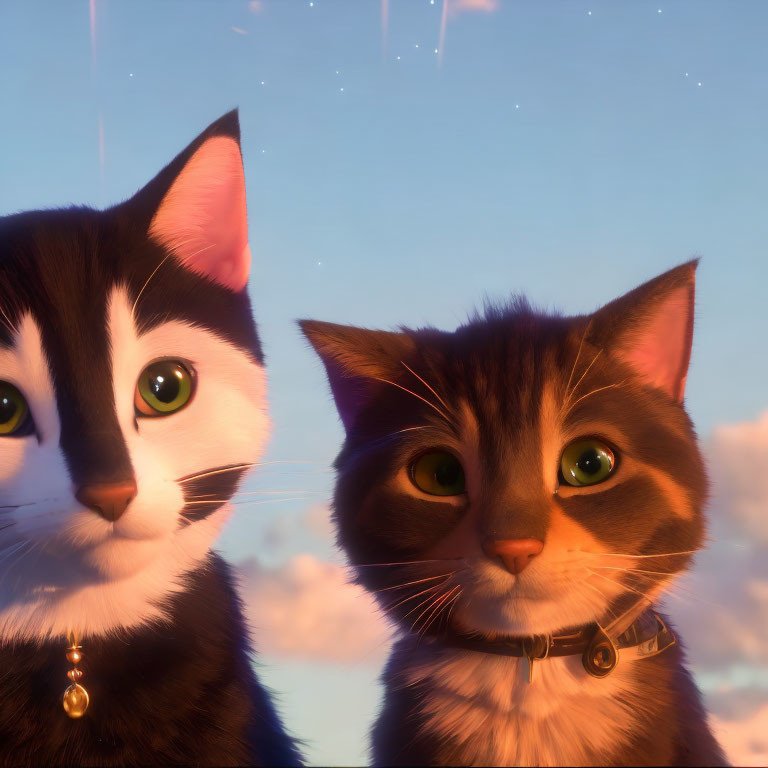 Two Collared Animated Cats in Sunset Sky