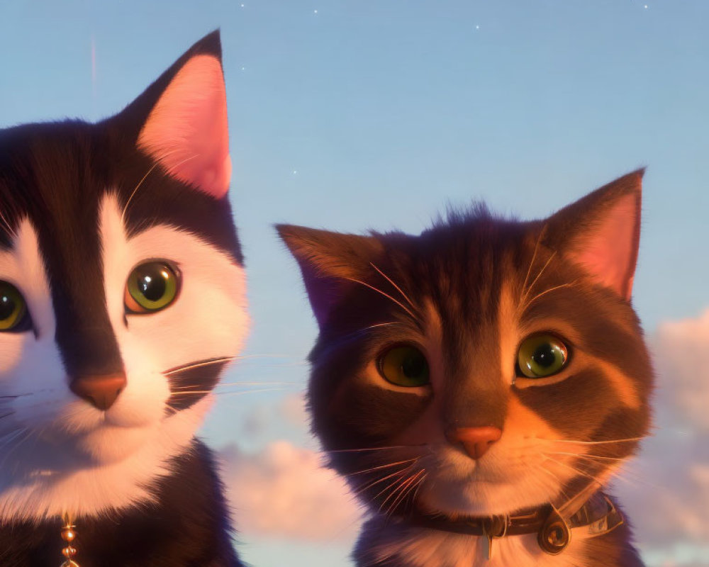 Two Collared Animated Cats in Sunset Sky