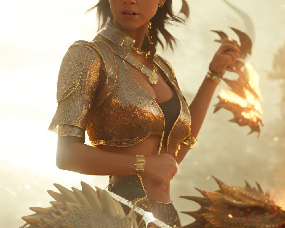 Woman in golden armor with sword next to dragon in misty environment