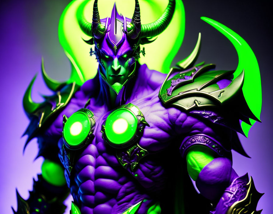 Fantasy character with purple skin, glowing green eyes, horns, and detailed armor