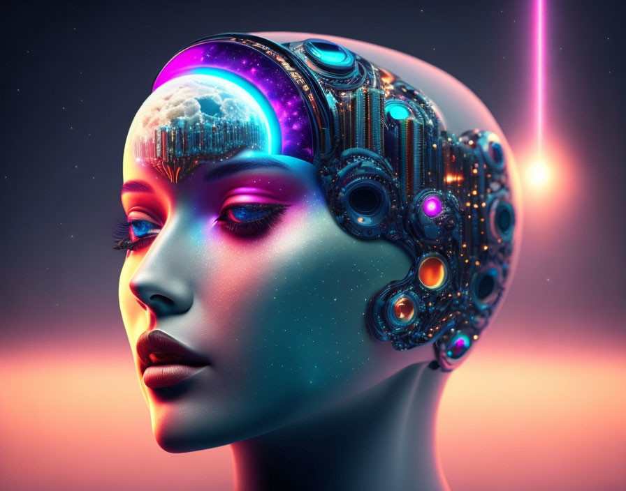 Futuristic female android digital art portrait with mechanical head and night sky theme