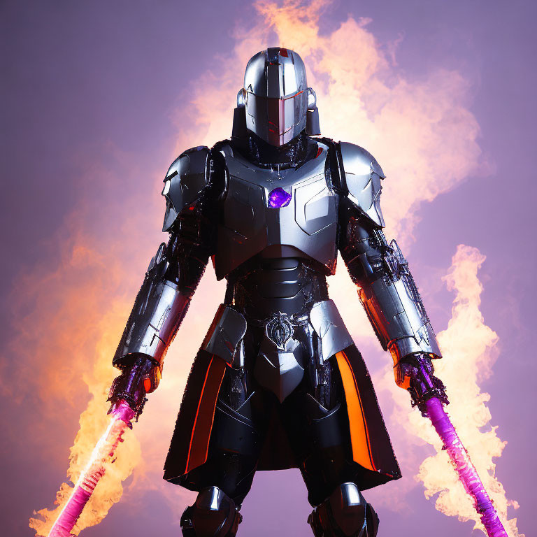 Armored futuristic figure with glowing chest and purple energy hands in smoky background