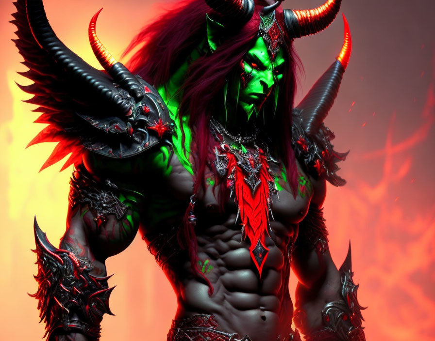 Fantasy creature with horns and glowing green eyes in intricate armor against fiery red backdrop