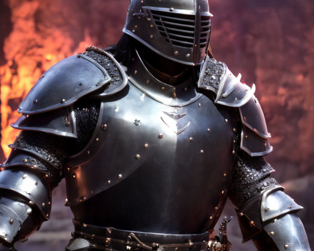 Knight in Shining Armor Ready for Battle Against Fiery Backdrop