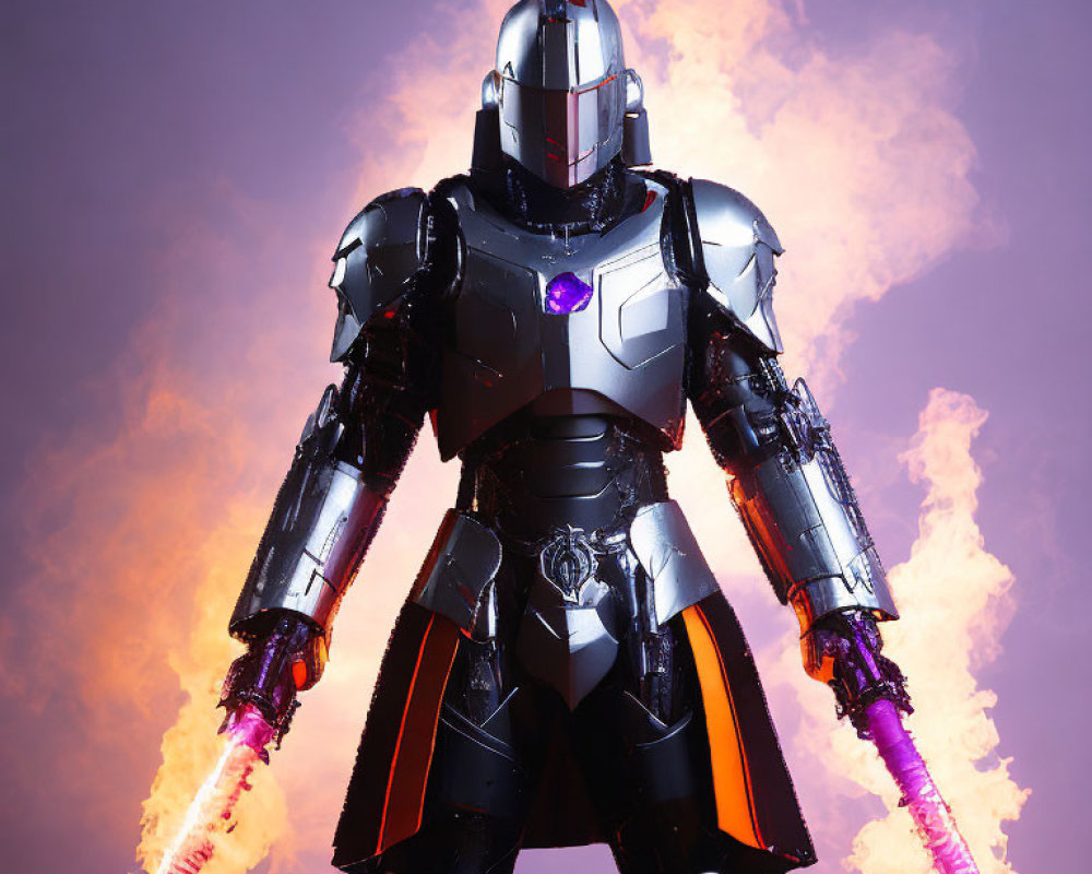 Armored futuristic figure with glowing chest and purple energy hands in smoky background