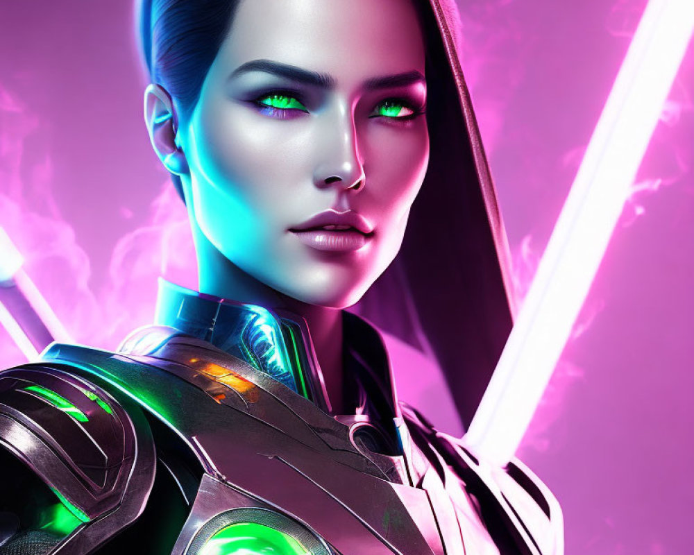 Futuristic female warrior with green eyes, neon lights, advanced armor, and light saber