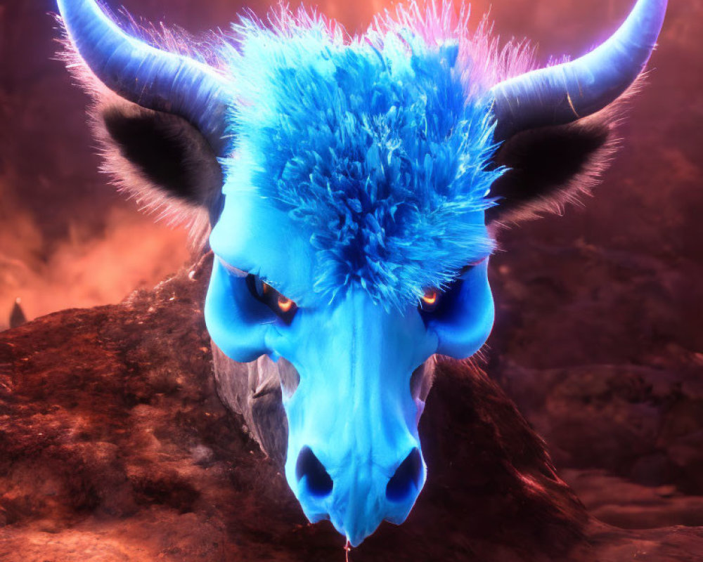 Blue furry creature with sharp horns and red eyes in volcanic setting