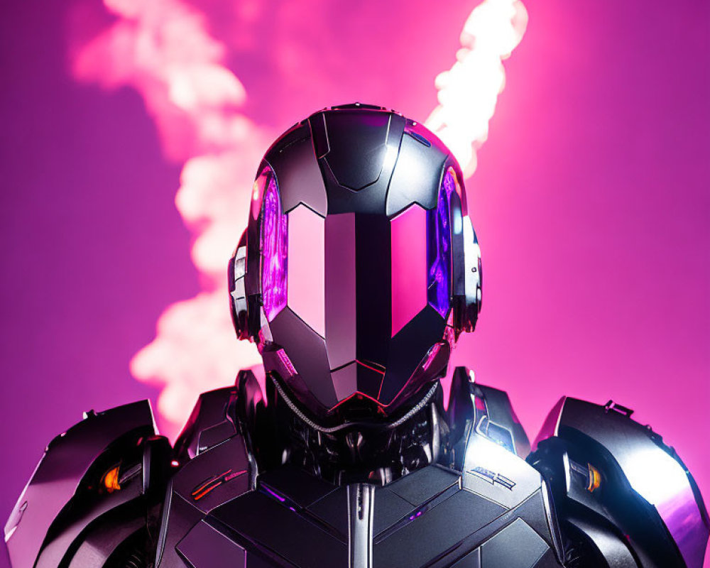 Sleek Black Armor Design Robot in Purple Light and Pink Smoke