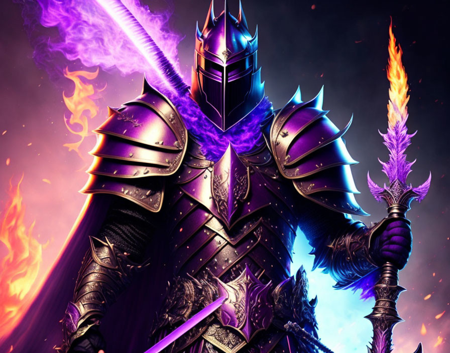 Purple-armored knight wields flaming sword in cosmic setting