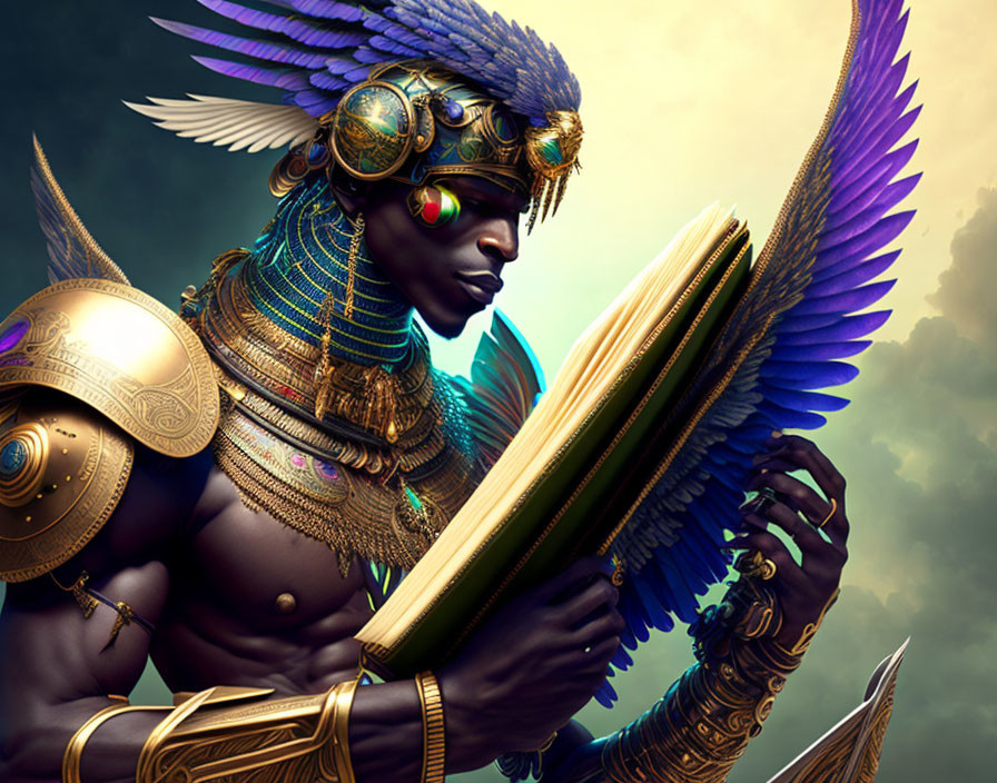 Stylized digital artwork of figure in Egyptian-themed armor with avian features and open book