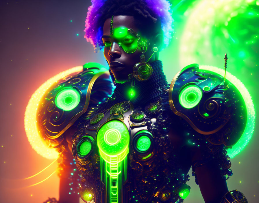 Futuristic portrait of a person with eclectic hair and high-tech armor