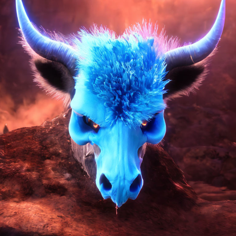 Blue furry creature with sharp horns and red eyes in volcanic setting