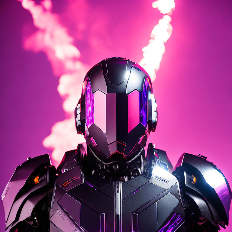 Sleek Black Armor Design Robot in Purple Light and Pink Smoke