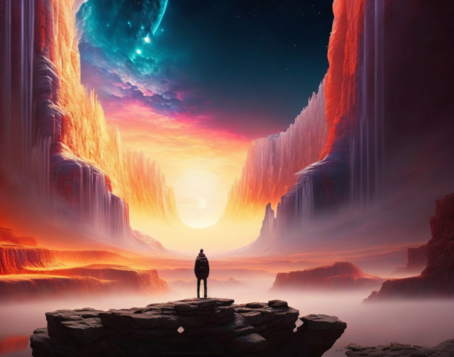 Person standing on cliff in surreal landscape with towering rock walls and cosmic sky.