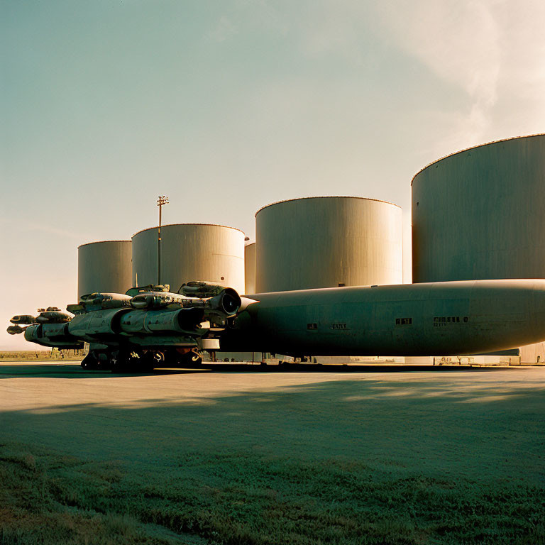 Industrial area with train and tanks passing by storage silos