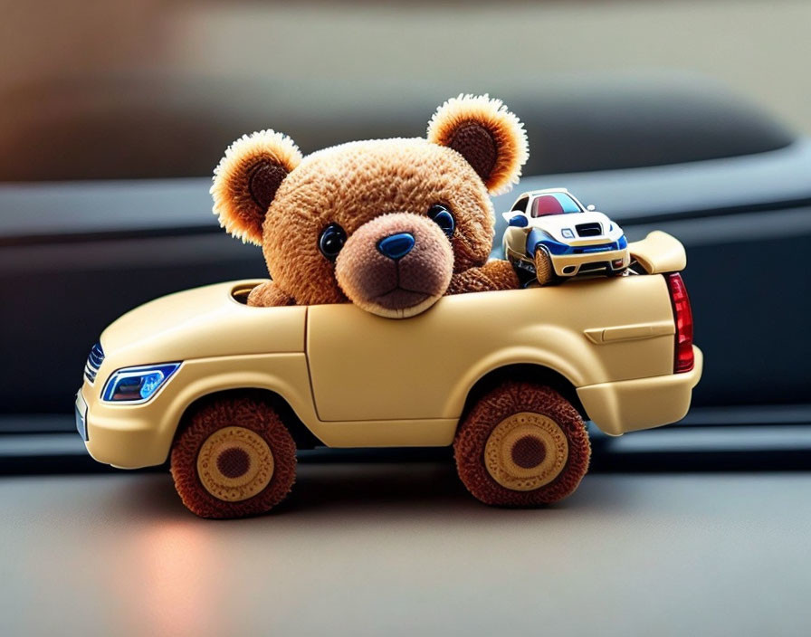 Plush teddy bear in toy pickup truck with tiny car on head