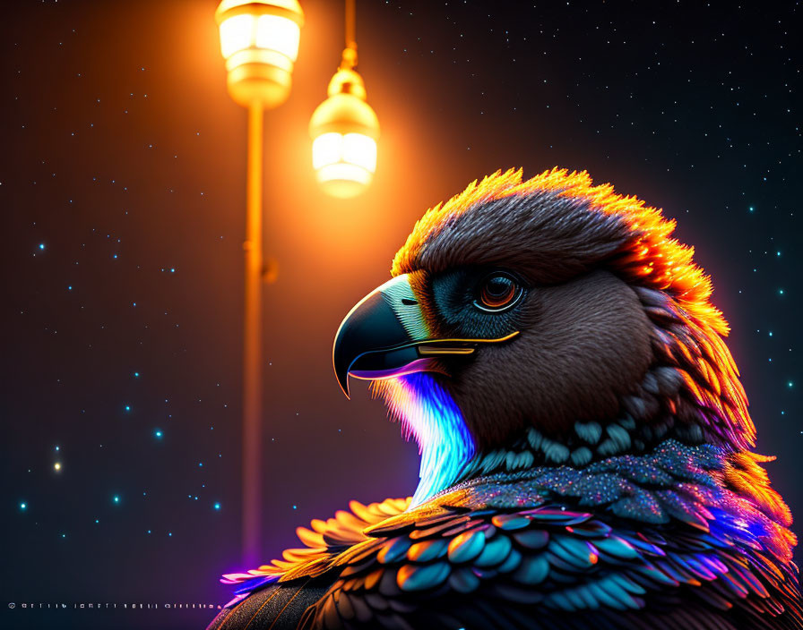 Vibrantly colored bird perched near glowing streetlamps at twilight