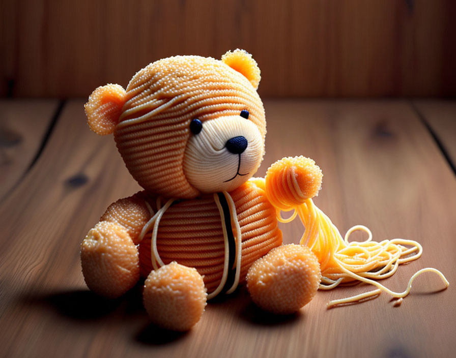 Orange Knitted Teddy Bear with Yarn Ball on Wooden Surface