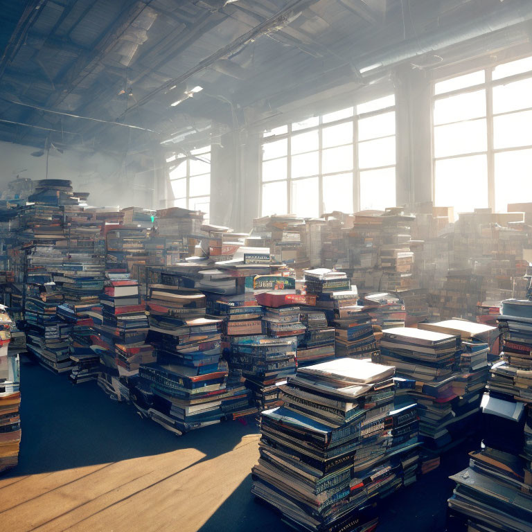 Cluttered sunlit library with towering book stacks