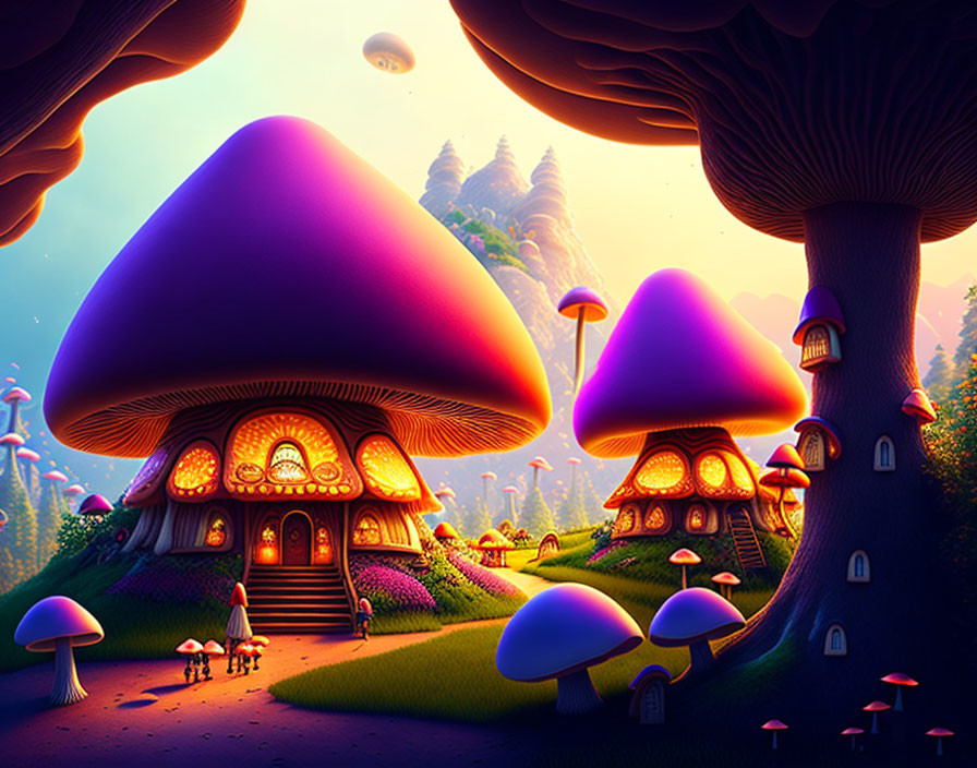 Vibrant oversized mushroom houses in twilight landscape