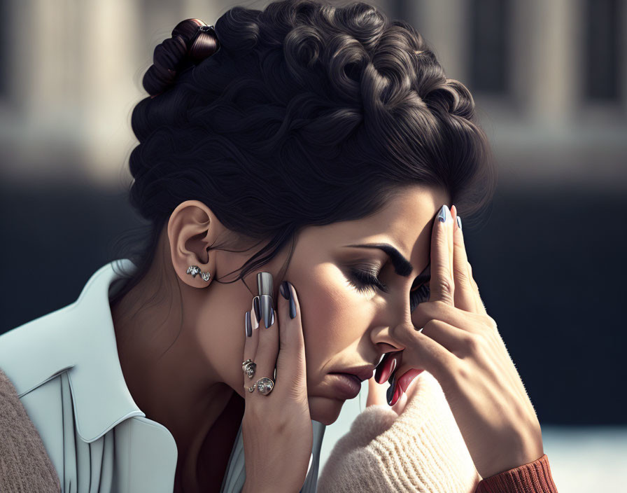 Elaborate updo on woman in white jacket with earrings