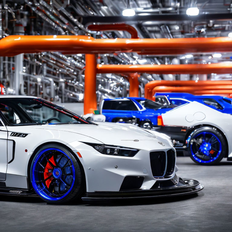 White BMW M2 with Blue Alloy Wheels in Industrial Garage