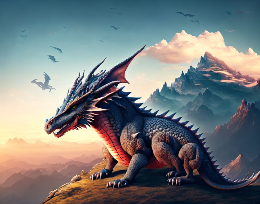 Blue dragon resting on cliff with mountains and birds in background under warm sky