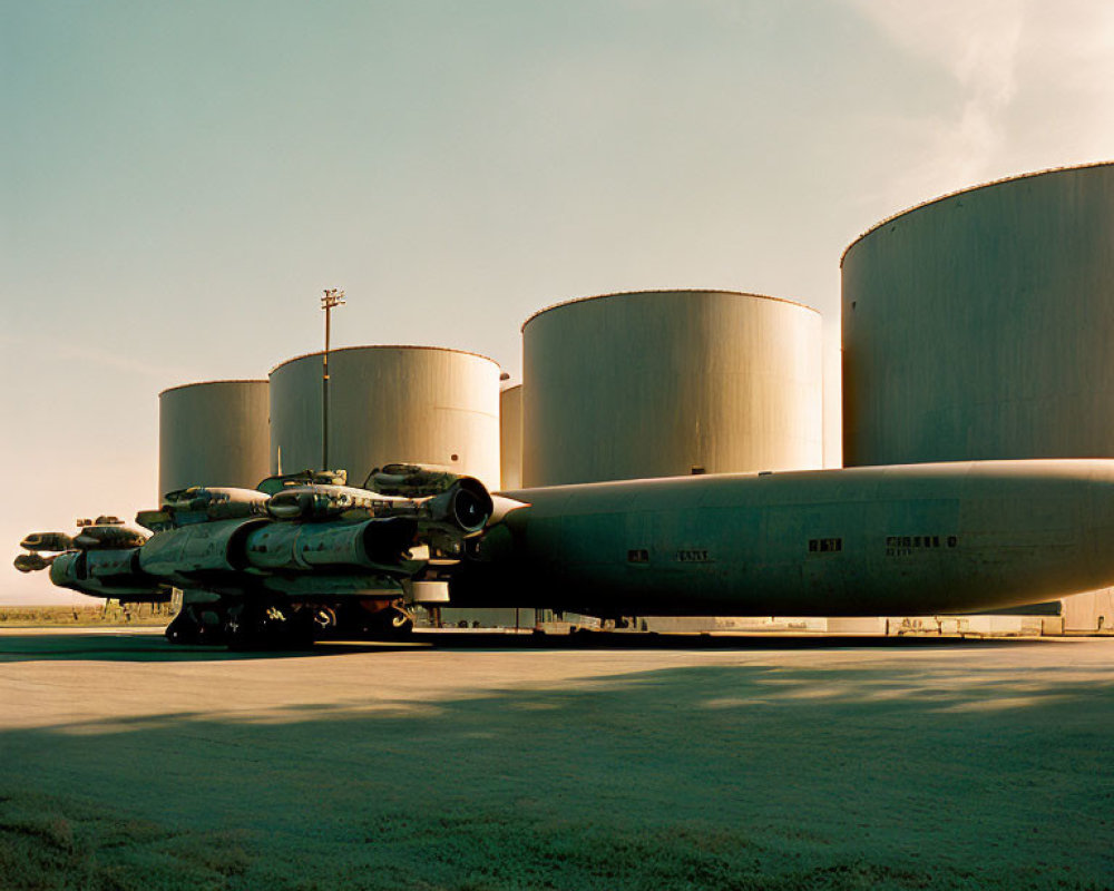 Industrial area with train and tanks passing by storage silos