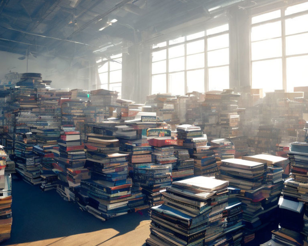 Cluttered sunlit library with towering book stacks