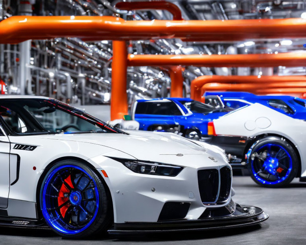 White BMW M2 with Blue Alloy Wheels in Industrial Garage