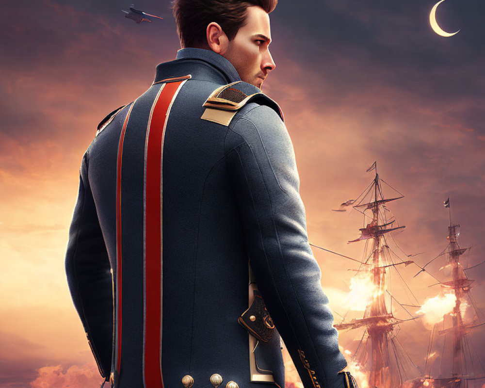 Detailed Military Uniform Man Gazes at Burning Sailing Ship