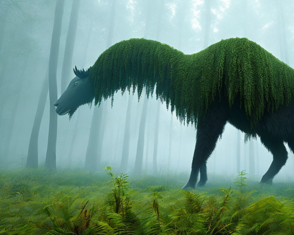 Green foliage-covered boar-like creature in foggy forest.