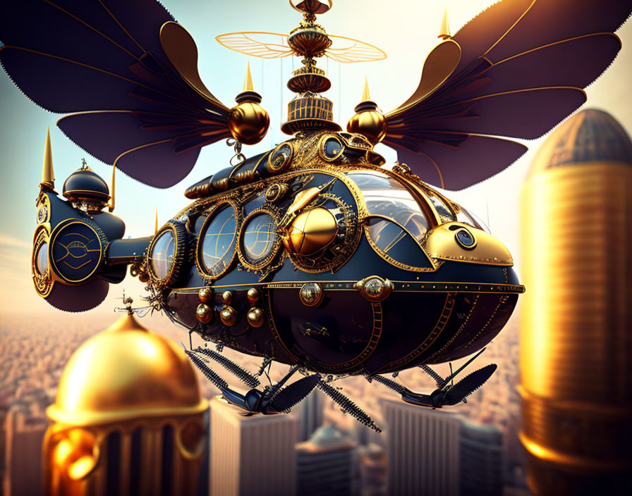 Steampunk-style airship with rotating propellers over cityscape at golden hour