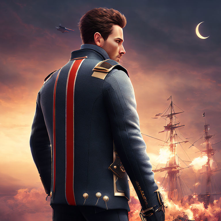 Detailed Military Uniform Man Gazes at Burning Sailing Ship