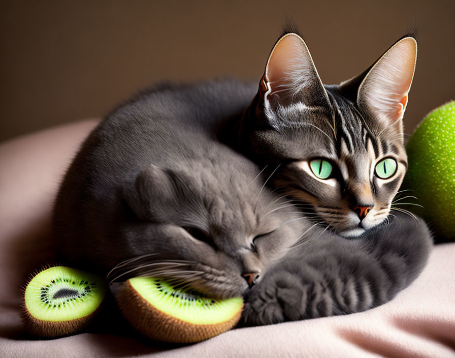 Two cats with green eyes next to sliced kiwi on pink surface