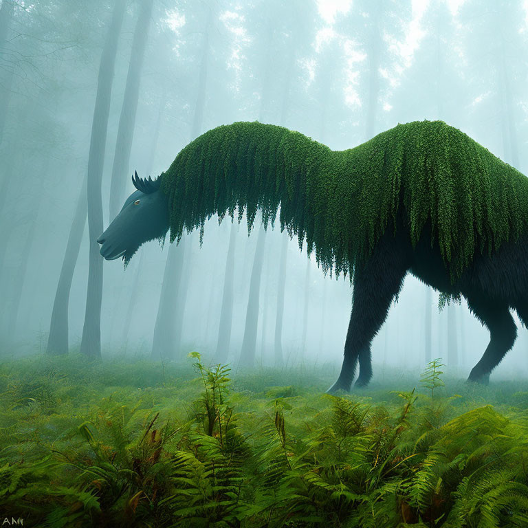 Green foliage-covered boar-like creature in foggy forest.