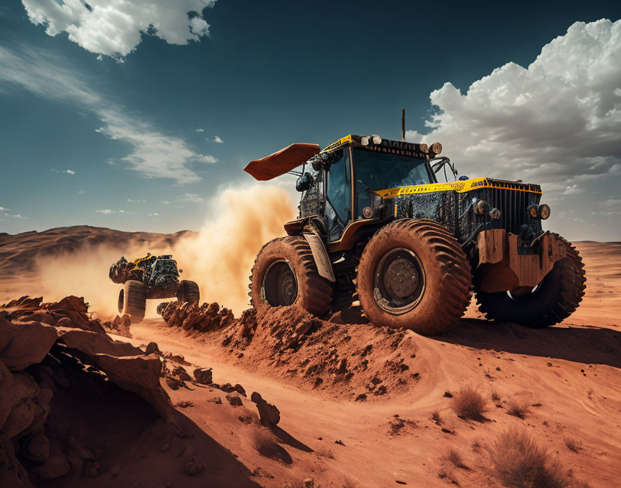 Off-road vehicles racing in desert landscape under clear sky