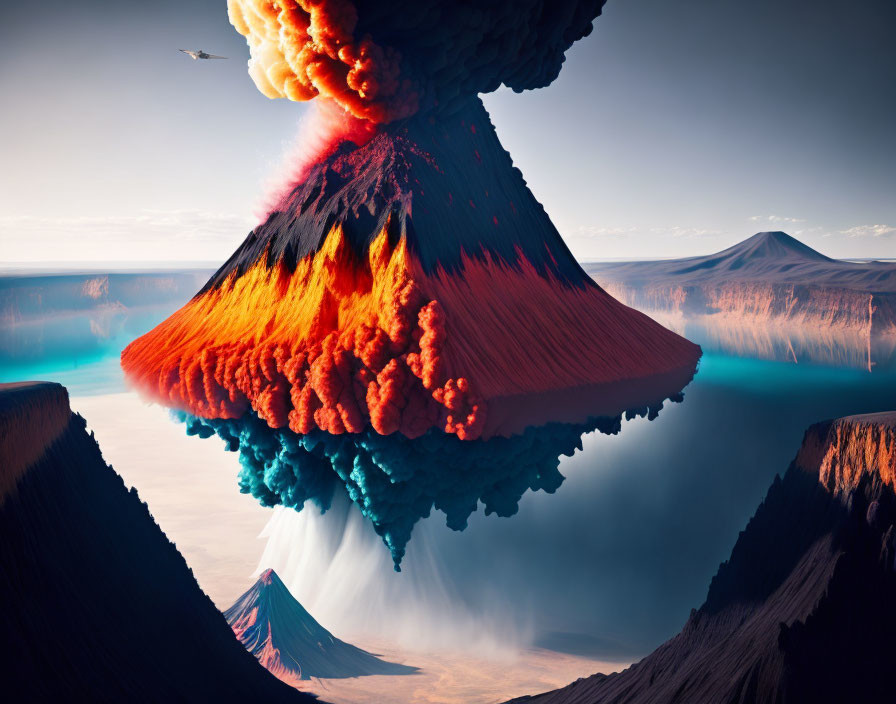 Volcanic eruption with molten lava, smoke, plane, cliffs, turquoise waters