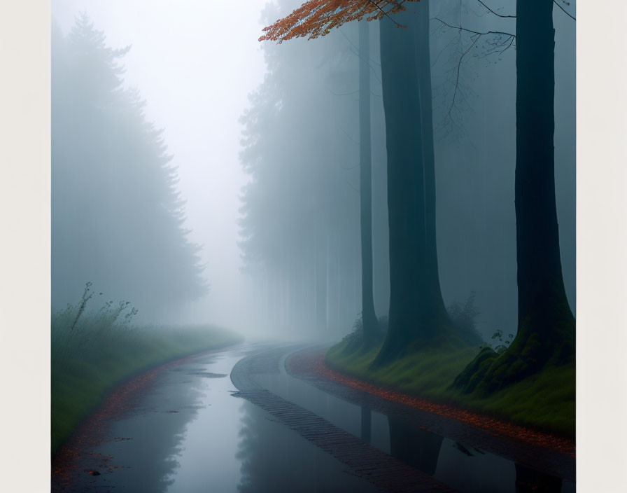 Misty forest road with tall trees and autumn branch