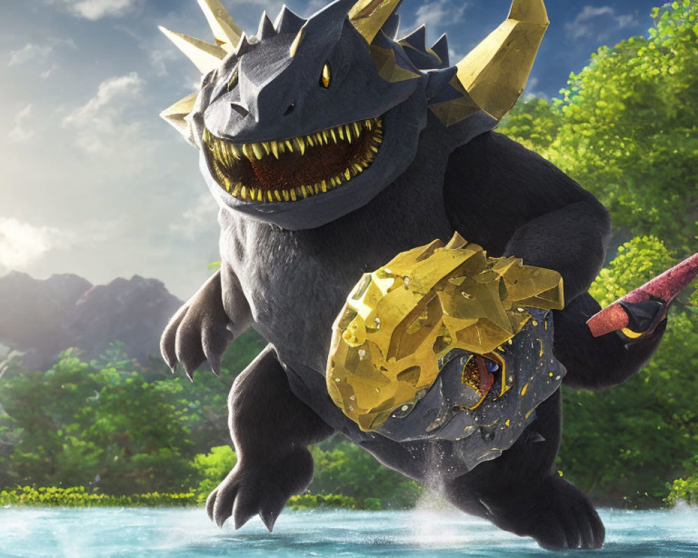 Animated Godzilla-like monster with golden shield in sunny forest clearing