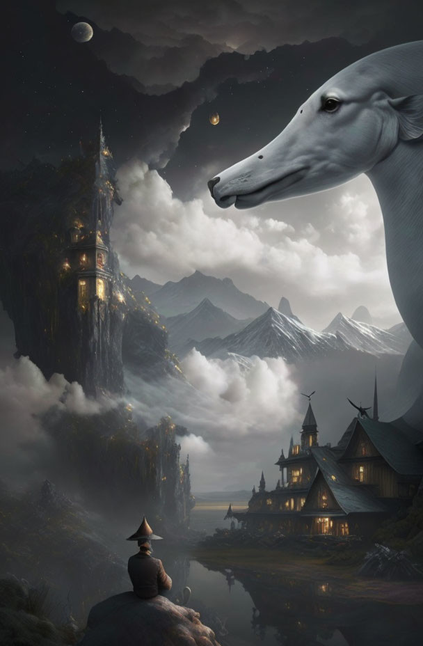 Reflective lake, cliff-top castle, giant ethereal dog head, mountains, celestial body