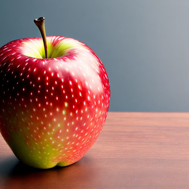 Ripe red and green apple with stem on wooden surface against grey background