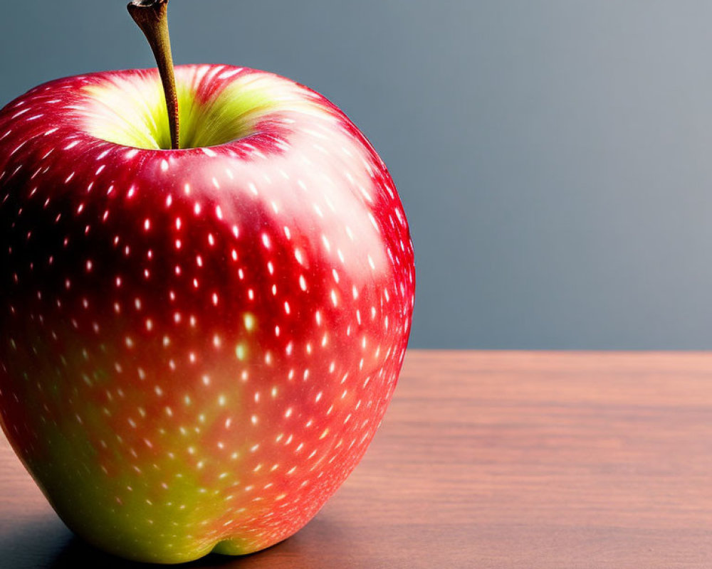 Ripe red and green apple with stem on wooden surface against grey background