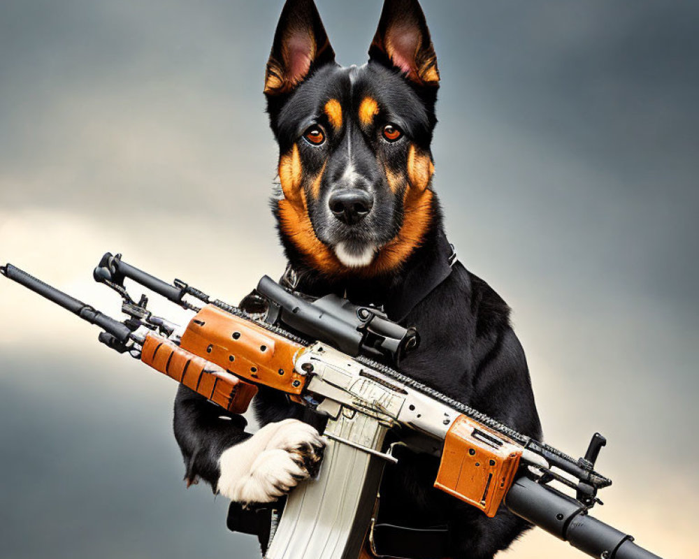 Black and Tan Fur Dog with Assault Rifle on Cloudy Sky Background